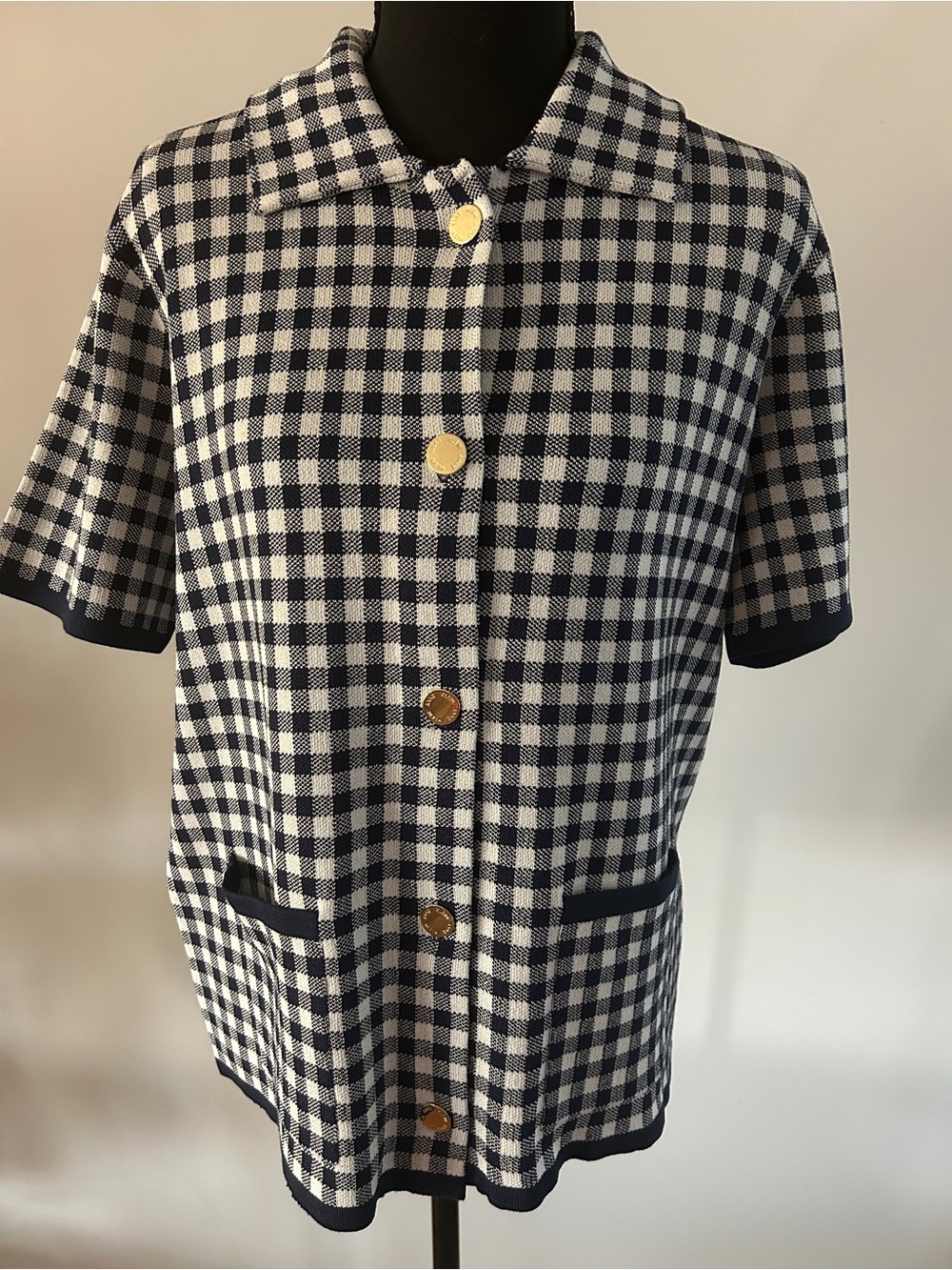 Anne Klein Navy and White Gingham Short-Sleeve Cardigan